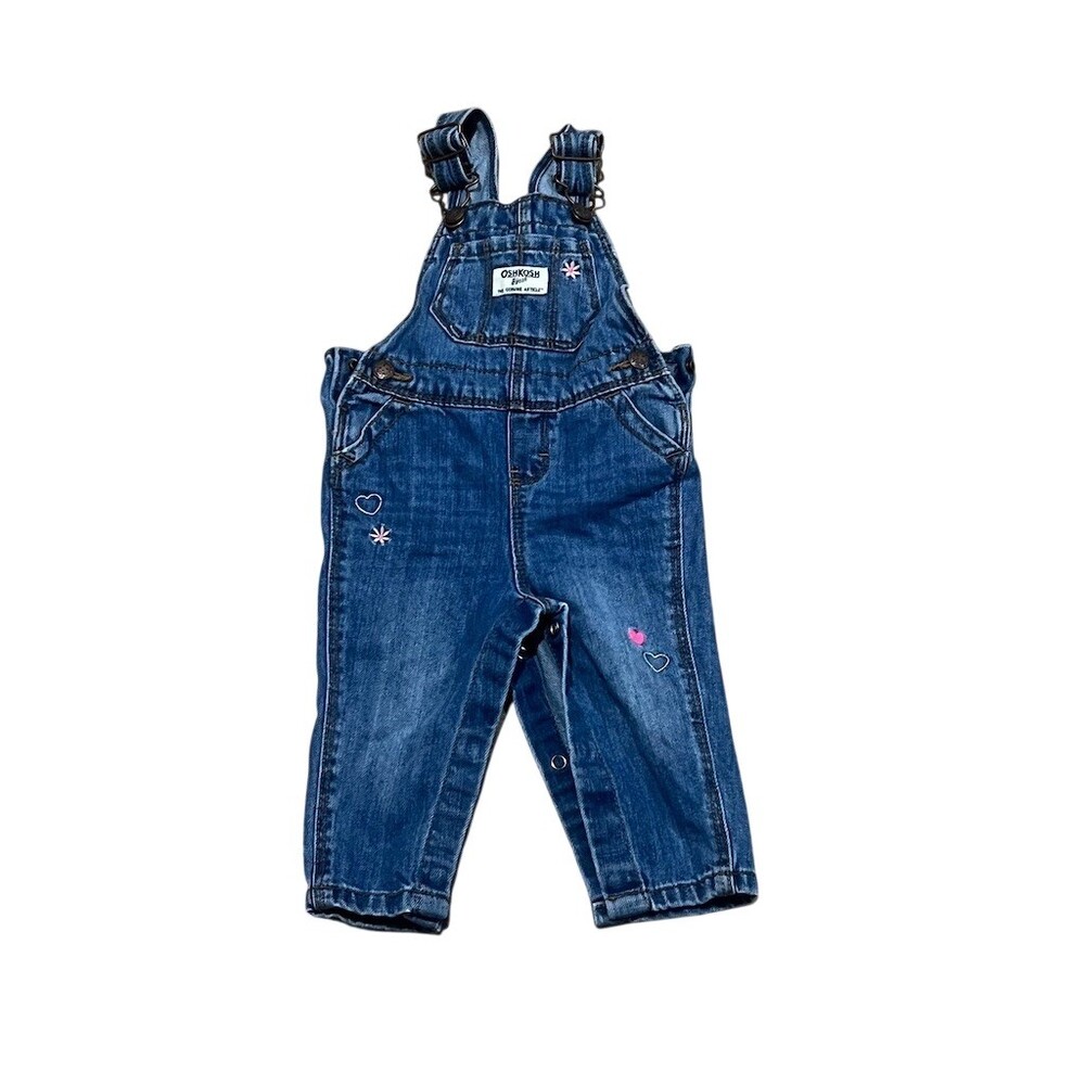 OshKosh B'gosh Baby Girls Denim Bib Overalls Blue 9M Heart Flower Snap